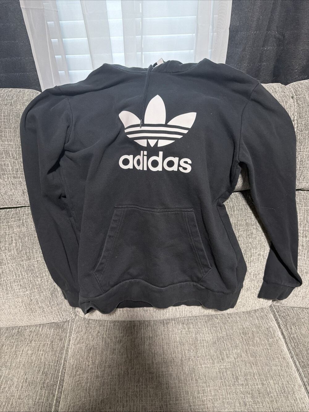 Adidas Hoodie Mens Small Black Trefoil Logo Fleece Sweatshirt FLAW